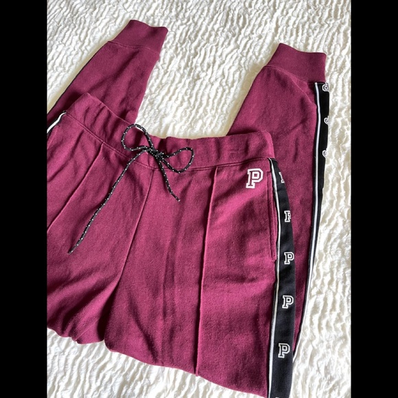 PINK Victoria's Secret Pants - EUC M PINK VS Red Wine RARE Black Strip Sweatpants